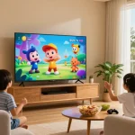 Famille profitant d'IRON TV PRO sur un grand écran, ambiance chaleureuse.