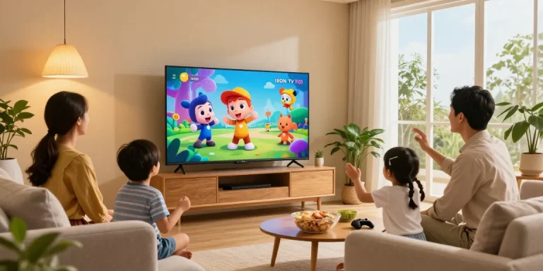 Famille profitant d'IRON TV PRO sur un grand écran, ambiance chaleureuse.
